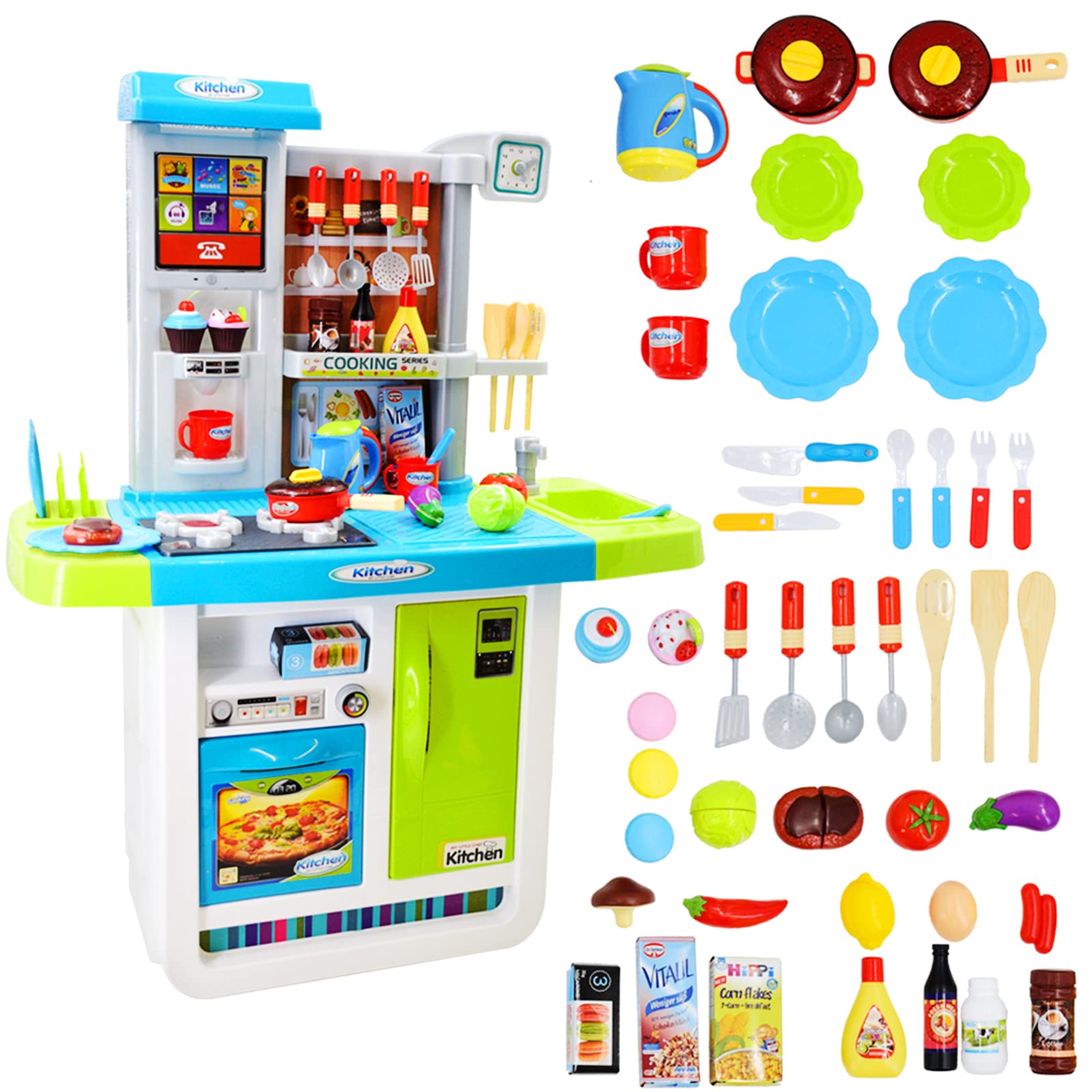 deAO "My Little Chef" Küchen Spielset mit Klängen, Touchscreen-Panel und Wasserspiele - Mehr als 40 Zubehör Enthalten (Blau)