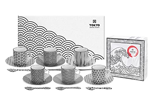 TOKYO design studio Nippon Black Espresso-Set schwarz-weiß, 18-TLG., 6X Espresso-Tassen mit Untertassen und Löffeln, asiatisches Porzellan, Japanisches Design, inkl. Geschenk-Verpackung