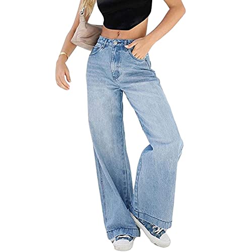 Yokbeer Damen Low Rise Wide Leg Jeans, Y2k Vintage Baggy Jeans für Damen Low Waist Wide Leg Pants 90s Style Streetwear (Color : Blue, Size : L)