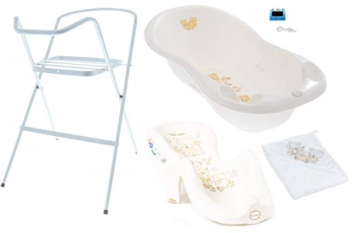 4 in 1 XXL Badewanne Set Babywanne mit Abfluss Gestell mit Ständer Badesitz Badewannensitz Kaputzenhanduch Badetuch Babybadewanne 102 cm (4er Set, Teddy)