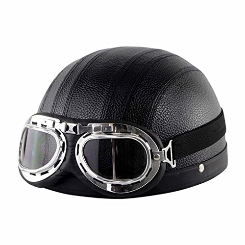 Leder Retro Jethelm Motorrad Scooter Halbhelme DOT/ECE-Zertifizierter Licht Halbhelme mit Schutzbrillen für Männer und Frauen Alle Jahreszeiten 2,A=58-62cm