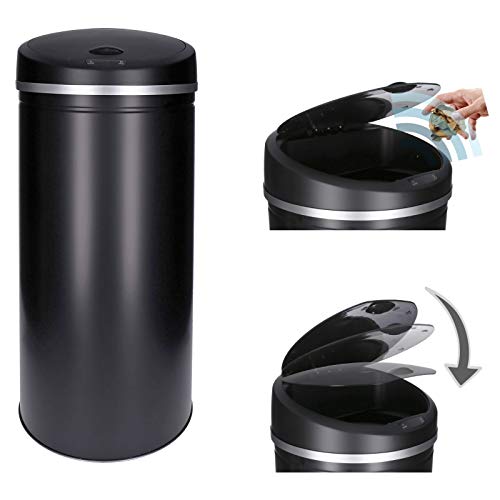 Sensor- Abfallbehälter 30 - 60 Liter mit Abfallbeutelbefestigung, elektrischer Mülleimer, lackierter Stahl, rechteckig automatisches Öffnen/Schließen, Bewegungssensor (60 Liter, Schwarz, Rund)