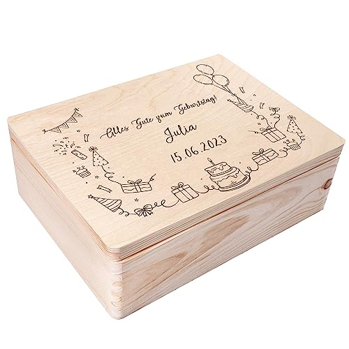 Creative Deco Geburtstag Erinnerungsbox Holzkiste Personalisiert | 40 x 30 x 14 cm (+/-1cm) | Mehrere Basic Motive für Geburtstag | Geschenk Spielzeugkiste Holzbox mit Deckel Gravur | Groß Natur