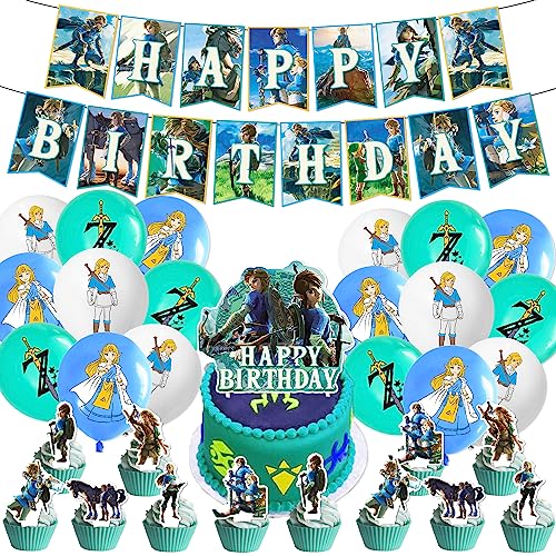 Deluisho Zelda Geburtstagsparty Dekoration, Zelda Party Supplies, Beliebtes Spiel Ballon Kindergeburtstag Party Dekoration Set Flagge Ziehen Latex Aluminiumfolie Ballon Kombination