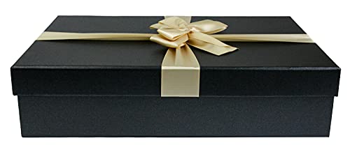 Emartbuy Starrer Luxus Rechteckige Präsentations-Geschenkbox, 38 cm x 27 cm x 10 cm, Schwarze Box mit Deckel, Gedrucktes Interieur und Creme Satin Dekoratives Band