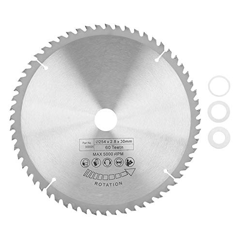 Sägeblatt, 60 Zähne 254 x 30 mm Silberkarbid Kreissägeblatt TCT-Schneidscheibe mit 3-teiliger Unterlegscheibe zum Schneiden von Metall Holz Kunststoff
