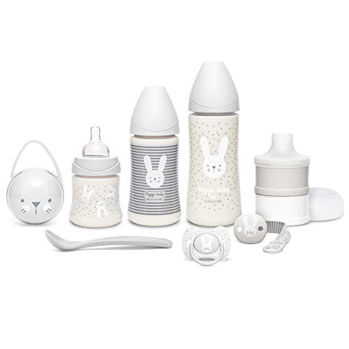 Suavinex 306627 Suavinex, Premium-Set für das Neugeborene Babyflasche 150 ml + 270 ml + 360 ml + Milchdosierer + Schnuller physiologischer Silikon-Sauger + Schnullerkette + Löffel, beige
