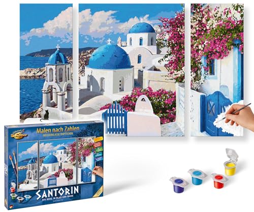 Schipper Malen nach Zahlen "Meisterklasse Triptychon Santorin - Die Insel in Blau und Weiß"
