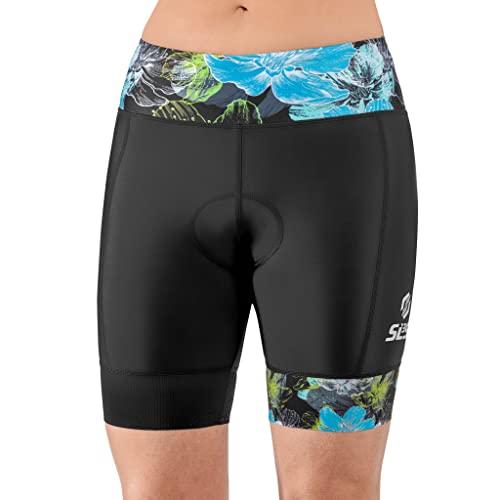 SLS3 Triathlon Hose Damen | Tri Bike Shorts | Schwarz | Tri Short Frauen FRT Print | Designed by Athletes (Black/Ocean Blooms, Large)