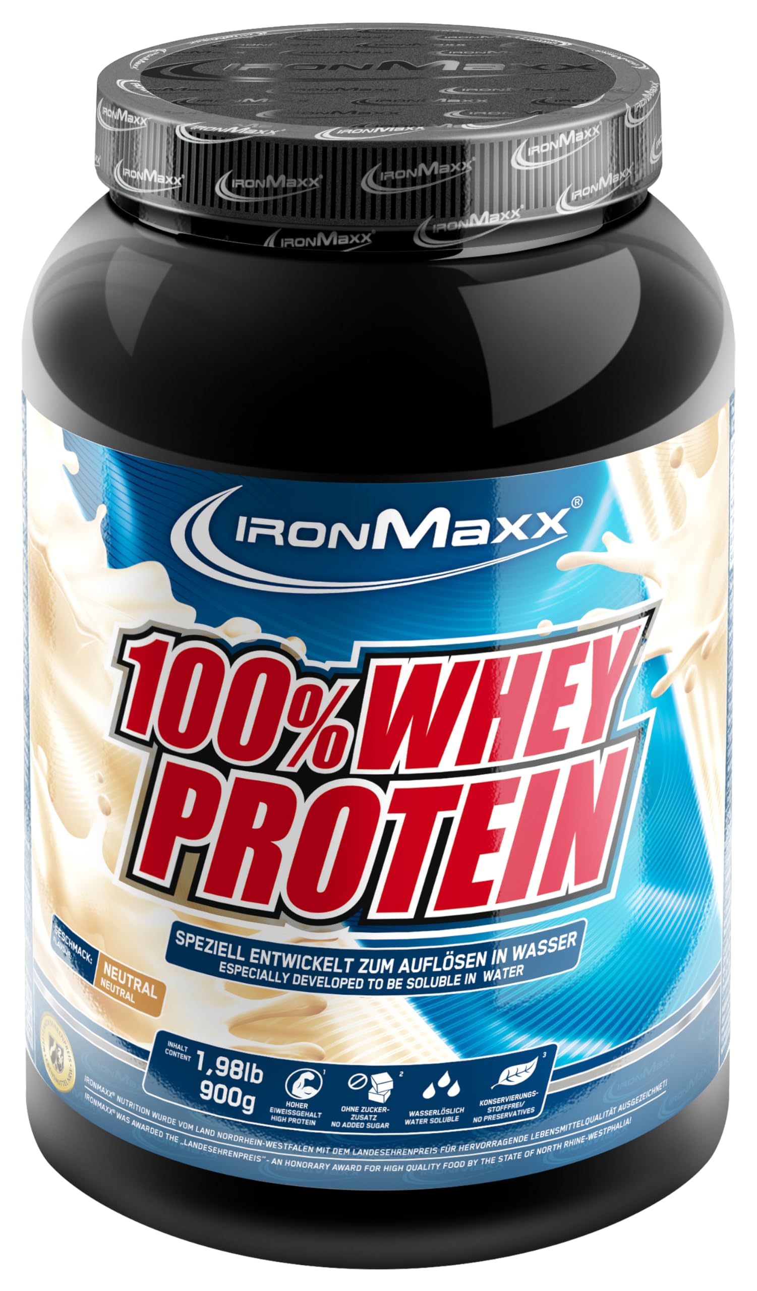 IronMaxx 100% Whey Protein Pulver - Neutral 900g Dose | zuckerreduziertes, wasserlösliches Eiweißpulver aus Molkenprotein | viele verschiedene Geschmacksrichtungen