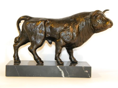 Skulptur Figur Stier großer Bulle Eisenfigur + Marmorsockel + Bronze - Optik Börse Deko Schreibtischdeko Banker