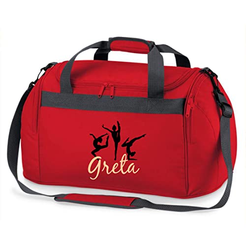 Kinder-Sporttasche Gymnastik mit Namen Bedruckt | Personalisierbar mit Motiv Turnerin Boden-Turnen | Reisetasche Duffle Bag zum Umhängen für Mädchen (rot)