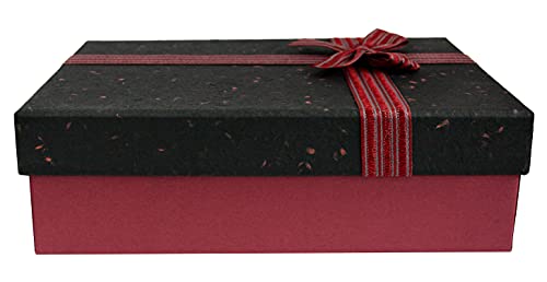 Emartbuy Starre Geschenkbox, 34 cm x 23 cm x 8 cm, strukturiert, burgunderrot, mit schwarzem Deckel, innen braun und gestreiftem Dekoband