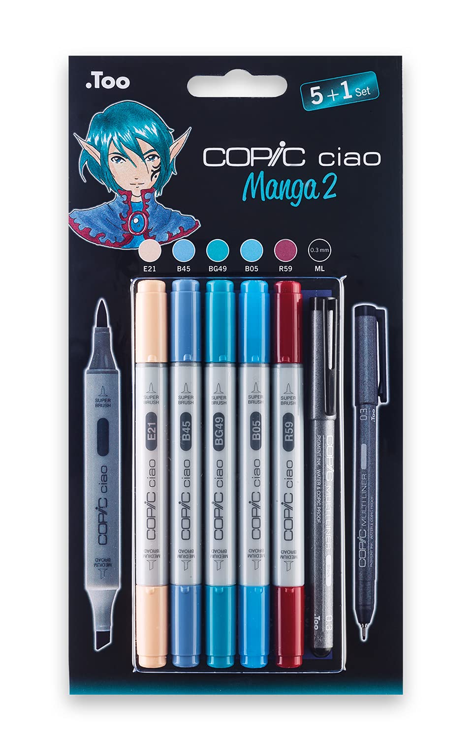 COPIC Ciao Marker 5+1 Set "Manga 2", 5 Allround-Layoutmarker mit einer mittelbreiten und einer Brush-Spitze, inkl. 1 Multiliner 0,3 mm