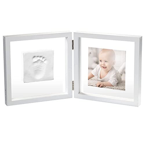 Baby Art Bilderrahmen, zweiteiliger Fotorahmen mit Plexiglas und Gipsabdruck für Baby Fußabdruck oder Handabdruck, schönes Erinnerung Andenken oder Geschenk, Maße: 20 x 34 x 17 cm & eckig, Weiß