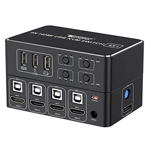 Tendak 4x1 HDMI KVM Switch, 4K@60Hz HDMI 2.0 HDCP 2.2 Computer KVM Umschalter Unterstützt USB 2.0 Geräte für Laptop PC Server DVR PS4 Xbox HDTV