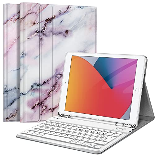 Fintie Tastatur Hülle für iPad 10.2 Zoll 7. Generation 2019, Soft TPU Rückseite Gehäuse Schutzhülle mit Pencil Halter, magnetisch Abnehmbarer Bluetooth Tastatur mit QWERTZ Layout, Marmor Rosa