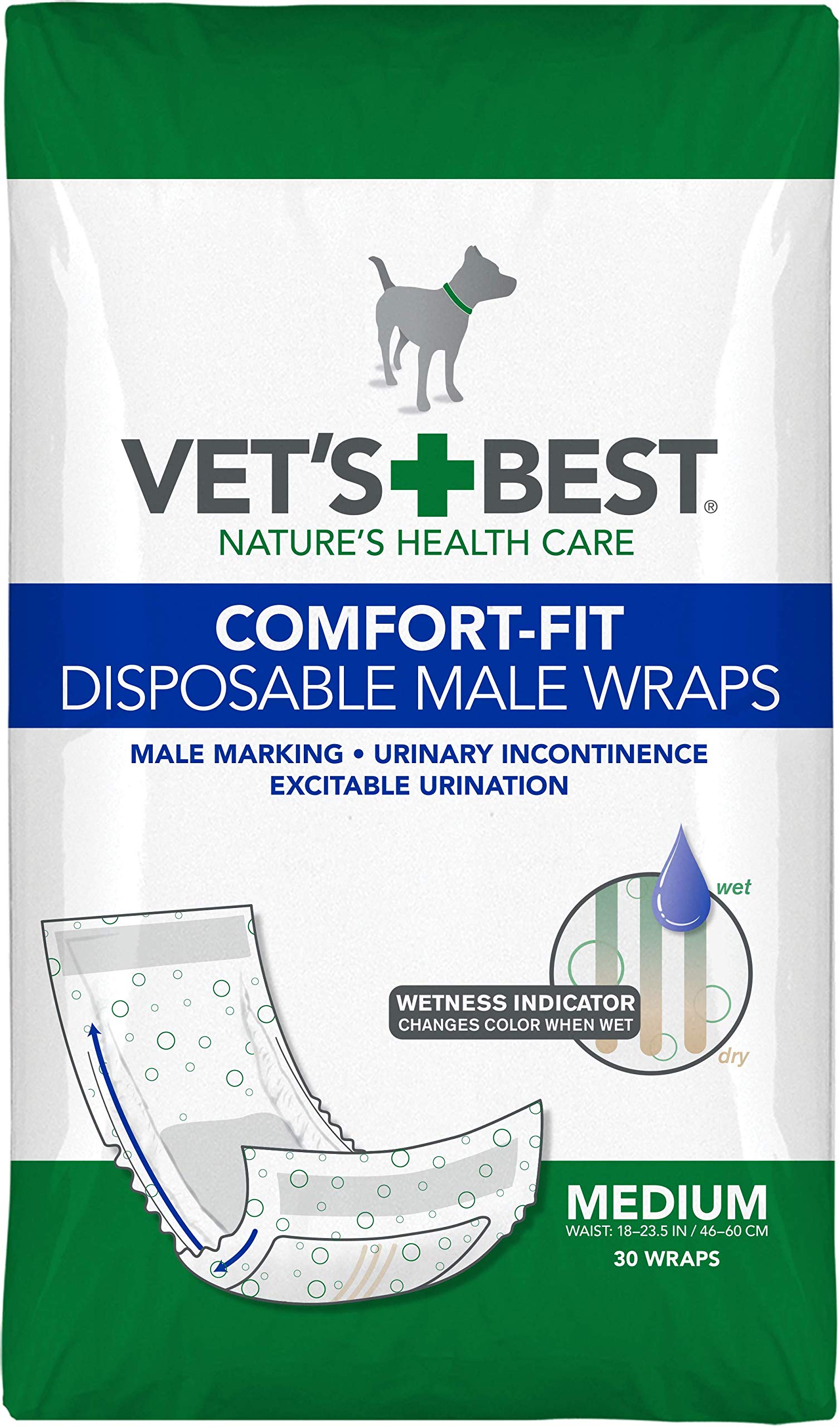 Vet's Best Comfort Fit Einwegwindeln für männliche Hunde, saugfähige männliche Wraps mit auslaufsicherer Passform, mittelgroß, 30 Stück (1 Stück)