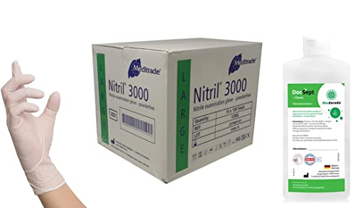 Nitrilhandschuhe 1000 Stück Box (L, Weiß) + docSept 500ml Händedesinfektionsmittel, puderfrei, unsteril, latexfrei, disposible gloves, white