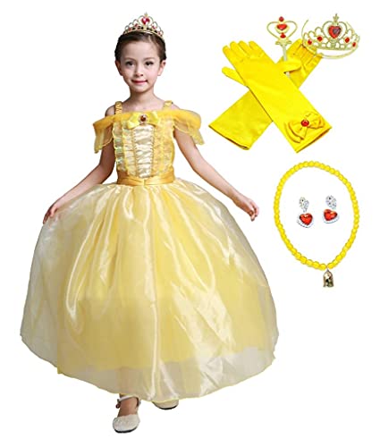 Lito Angels Mädchen Prinzessin Belle Kleid Kostüm mit Zubehör Geburtstag Weihnachten Halloween Party Verkleidung Karneval Cosplay mit Paillette 5-6 Jahre