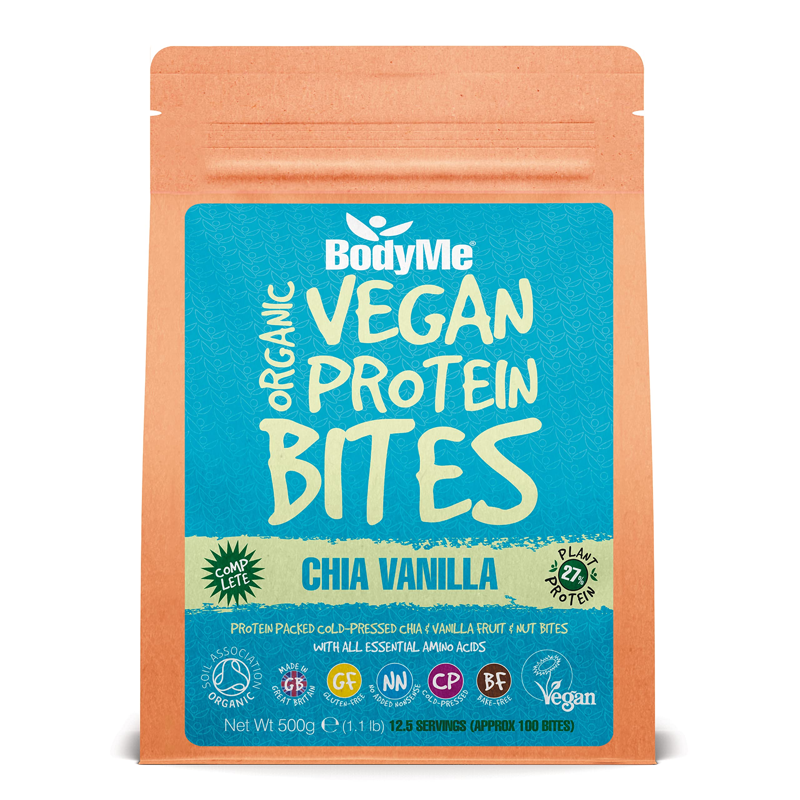 BodyMe BIO Vegan Protein Snack Bisse | Roh Chia Vanille | 500g | 100 Bissversionen Unserer Vegane Proteinriegel | Glutenfrei | 11g Komplette Protein | 3 Veganes Proteine | Essentiellen Aminosäuren