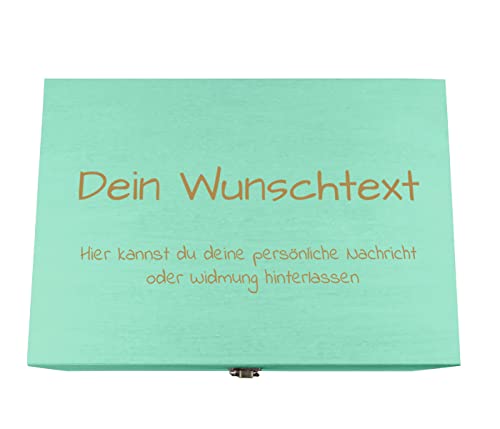 Holzkiste türkis grün personalisierbar mit Gravur Geschenkbox Personalisiertes Geschenk Holzbox Deckel Aufbewahrungsbox Wunschtext, 32 x 23 x 16 cm