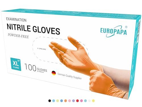 EUROPAPA® 500x Einweghandschuhe Nitrilhandschuhe puderfrei Untersuchungshandschuhe EN455 EN374 latexfrei Einmalhandschuhe Handschuhe in Gr. S, M, L & XL verfügbar (Orange, XL)