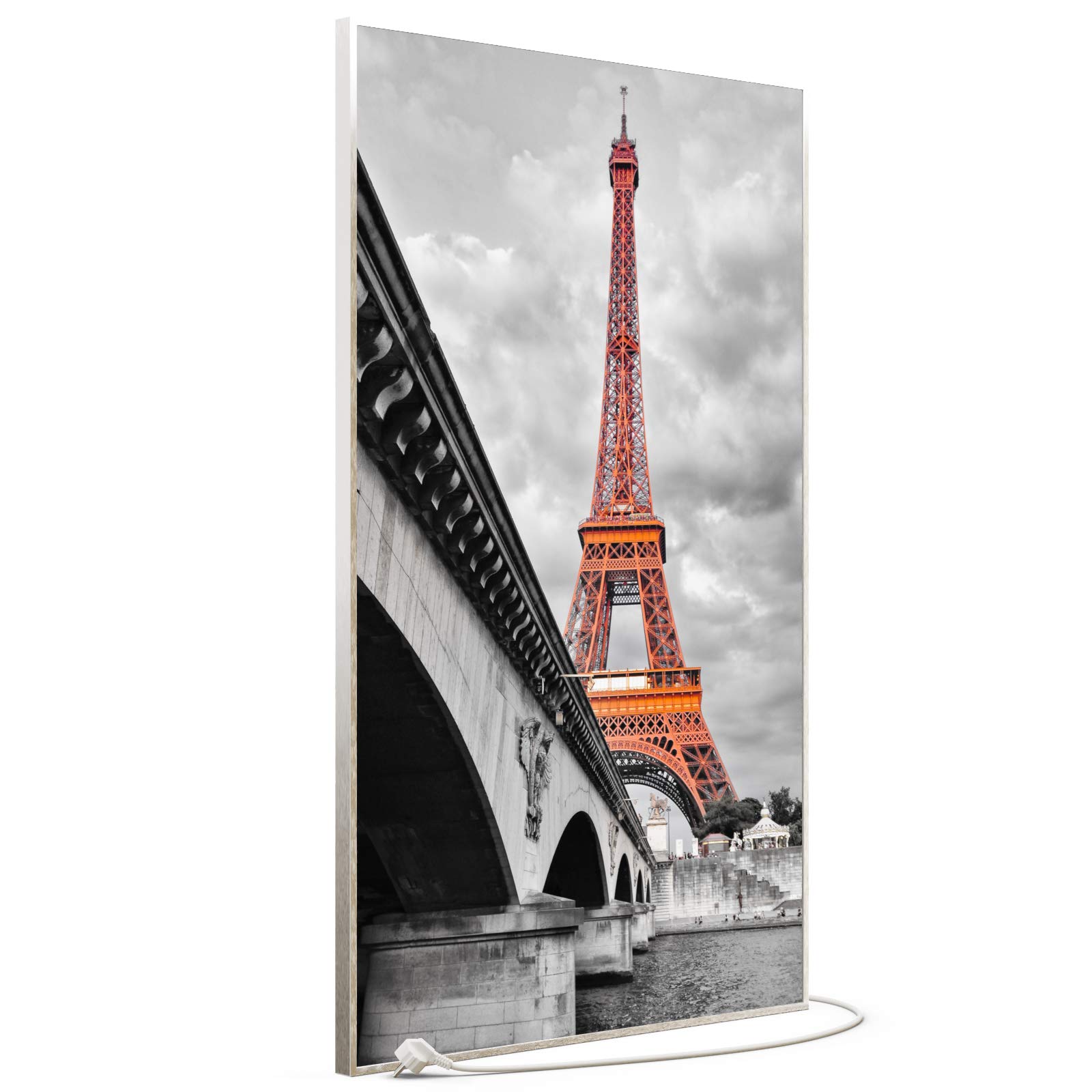 STEINFELD Bild Infrarotheizung mit Thermostat | Made in Germany | viele Motive 350-1200 Watt Rahmen silber (900W, 039h Eiffelturm Rot)
