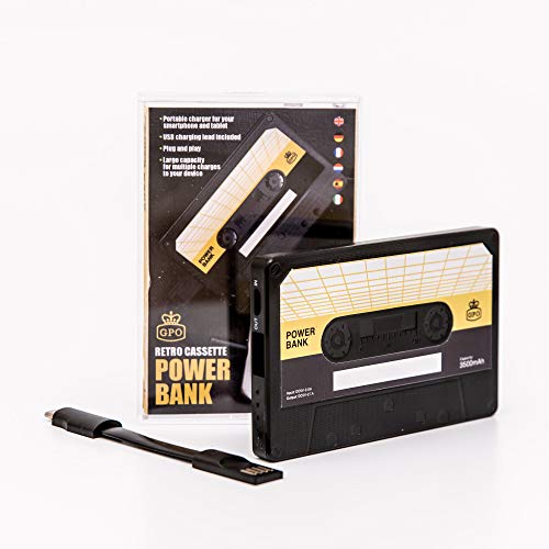 GPO PWRBANK Kassetten-Powerbank, kompaktes Retro-Highspeed-Ladegerät, 3500 mAh, mit USB-Kabel für Smartphones und Tablets, Schwarz/Gelb