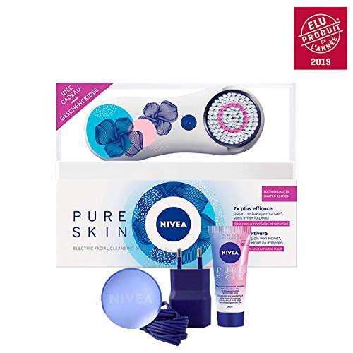 NIVEA Pure Skin Set Elektrische Gesichtsreinigungsbürste Limited Edition weiß 7x effektiver Gesichtsreinigungsgel mit Bürstenkopf für normale & empfindliche Haut