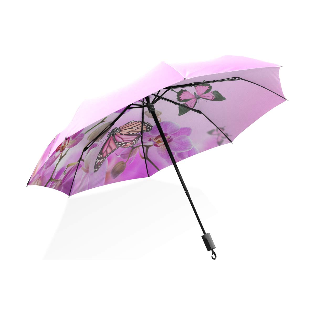 ISAOA Automatischer Reise-Regenschirm, kompakt, faltbar, mit rosa Schmetterlingen auf Blume, winddicht, ultraleicht, UV-Schutz, Regenschirm für Damen und Herren