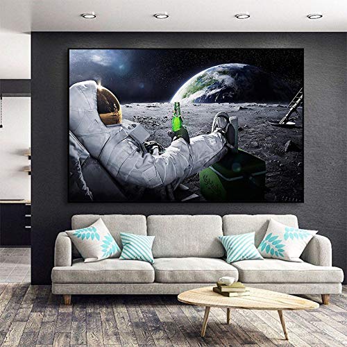 Nordisches Plakat Biere Weltraum Leinwandbilder Erdastronauten Entspannen auf Mond Wandkunst Plakat Bilder Wohnzimmer Wohnkultur 70x100cm / 27,6"x39,4 Rahmenlos