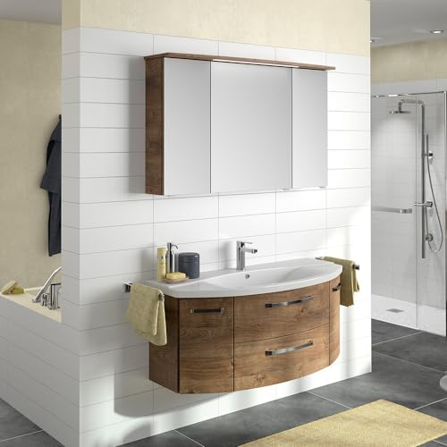 Lomadox Badezimmer Waschplatz Set 2-teilig, 122cm breit, in Eiche Ribbeck | Spiegelschrank mit LED-Leuchte, Waschtisch mit Keramikwaschbecken | montiert