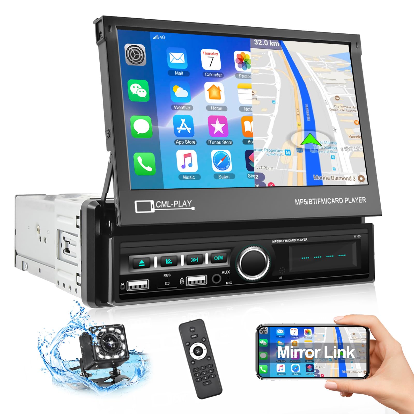 CAMECHO Autoradio 1 Din mit Bluetooth Freisprecheinrichtung, 7 Zoll Motorisierte Bildschirm Unterstützung USB/AUX-IN/FM/TF/Mirror Link für Android/iOS +Rückfahrkamera