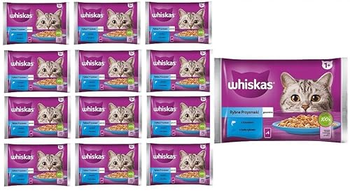 Whiskas Adult 1+ Fisch-Auswahl in Gelee mit Lachs und Thunfisch, 52 Portionsbeutel, 13x4x85g, Hochwertiges Nassfutter für ausgewachsene Katzen