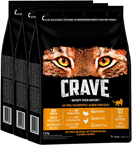 Crave Premium Trockenfutter mit Truthahn & Huhn für Katzen – Getreidefreies Adult Katzenfutter mit hohem Proteingehalt – 3 x 2,8 kg
