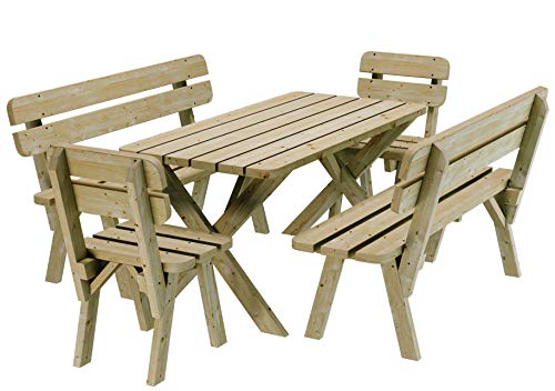 Platan Room Gartenmöbel aus Kiefernholz 120 cm / 150 cm / 180 cm breit Gartenbank Gartentisch Kiefer Holz massiv Imprägniert (Set 2 (Tisch + 2 Bänke + 2 Stühle), 150 cm)