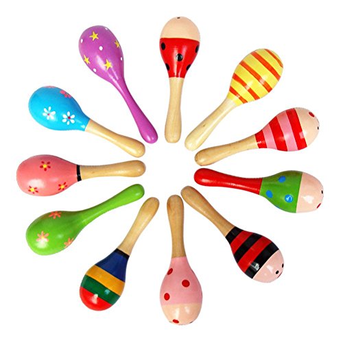 OULII Maracas Holz Holz Holz schüttler Rattle Musik-Spielzeug Kinder-bildungs-Packung von 10 (Pattern zufällige Farbe)