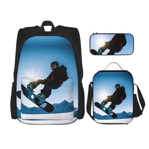 MDATT Snowboard-Bilderrucksack mit Lunchbox und Federmäppchen, 7,6 cm, Kawaii-Rucksäcke mit Lunchtasche, passende Kombination