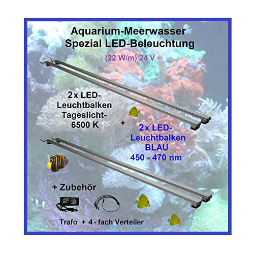 Meerwasser Aquarium - LED-Leuchtbalken 30cm, 4 Leisten, 2xTageslicht + 2X Blau mit Trafo 60W und Verteiler
