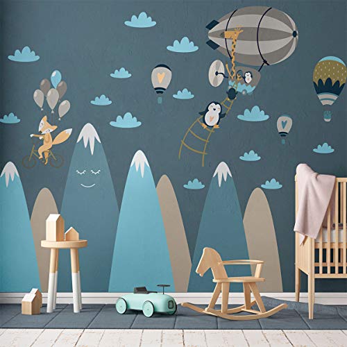 Wandaufkleber, selbstklebend, für Kinder, Riesen-Dekoration, skandinavische Berge für Kinderzimmer, Baby/Tiere auf Reisen, 50 x 90 cm