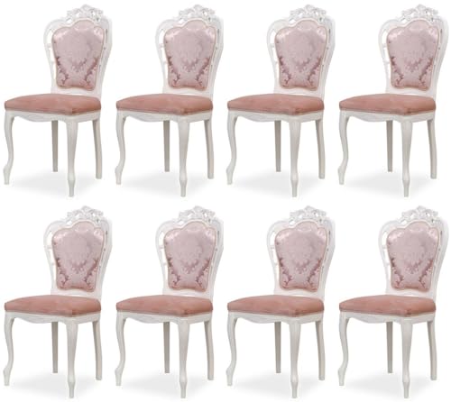 Casa Padrino Luxus Barock Esszimmer Stuhl 8er Set mit elegantem Muster Rosa/Weiß - Barockstil Küchen Stühle - Prunkvolle Luxus Esszimmer Möbel im Barockstil - Edel & Prunkvoll