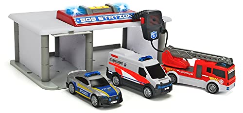 Dickie Toys SOS Station, Rettungsstation, Parkhaus für Polizei, Feuerwehr & Rettungsdienst, Notruf Zentrale mit Mikrofon, inkl. Spielzeugautos, Licht & Sound, inkl. Batterien, für Kinder ab 3 Jahren