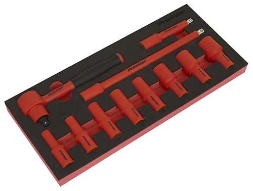 Sealey Premier TBTE01 Isoliertes Steckschlüssel-Set mit Werkzeugablage, 11-teilig, 1,9 cm (3/8 Zoll) Vierkantantrieb, VDE-geprüft