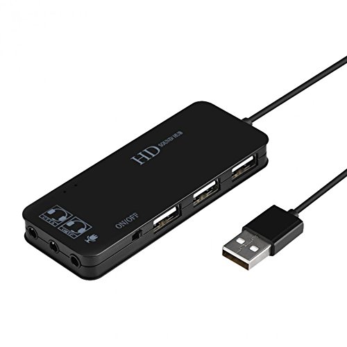 ZEERKEER USB2.0 Hub 3 Ports USB Soundkarte, Stereo Soundkarte mit Noise Cancelling Headset-Adapter, Drive-Free für Laptops, Tablets und Ultrabooks (Schwarz)