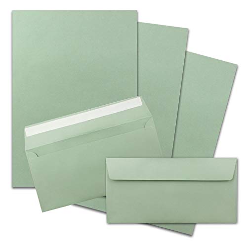75x Briefpapier-Sets DIN A4 mit DIN Lang Briefumschlägen, Haftklebung - Eukalyptus-Grün - mattes Schreibpapier mit Kuverts - FarbenFroh by GUSTAV NEUSER
