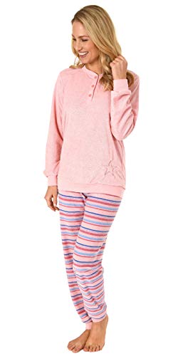 NORMANN WÄSCHEFABRIK Damen Frottee Pyjama lang mit Bündchen - Hose gestreift - auch in Übergrössen - 291 93 236, Farbe:rosa, Größe2:44/46