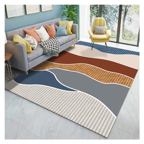 Moderner abstrakter Teppich, moderne geometrische Teppichunterlage, blau-orange-grauer Teppich mit niedrigem Flor, bedruckt, rutschfest, faltbar, maschinenwaschbar, für Zimmer, Sofa, Wohnzimmer,