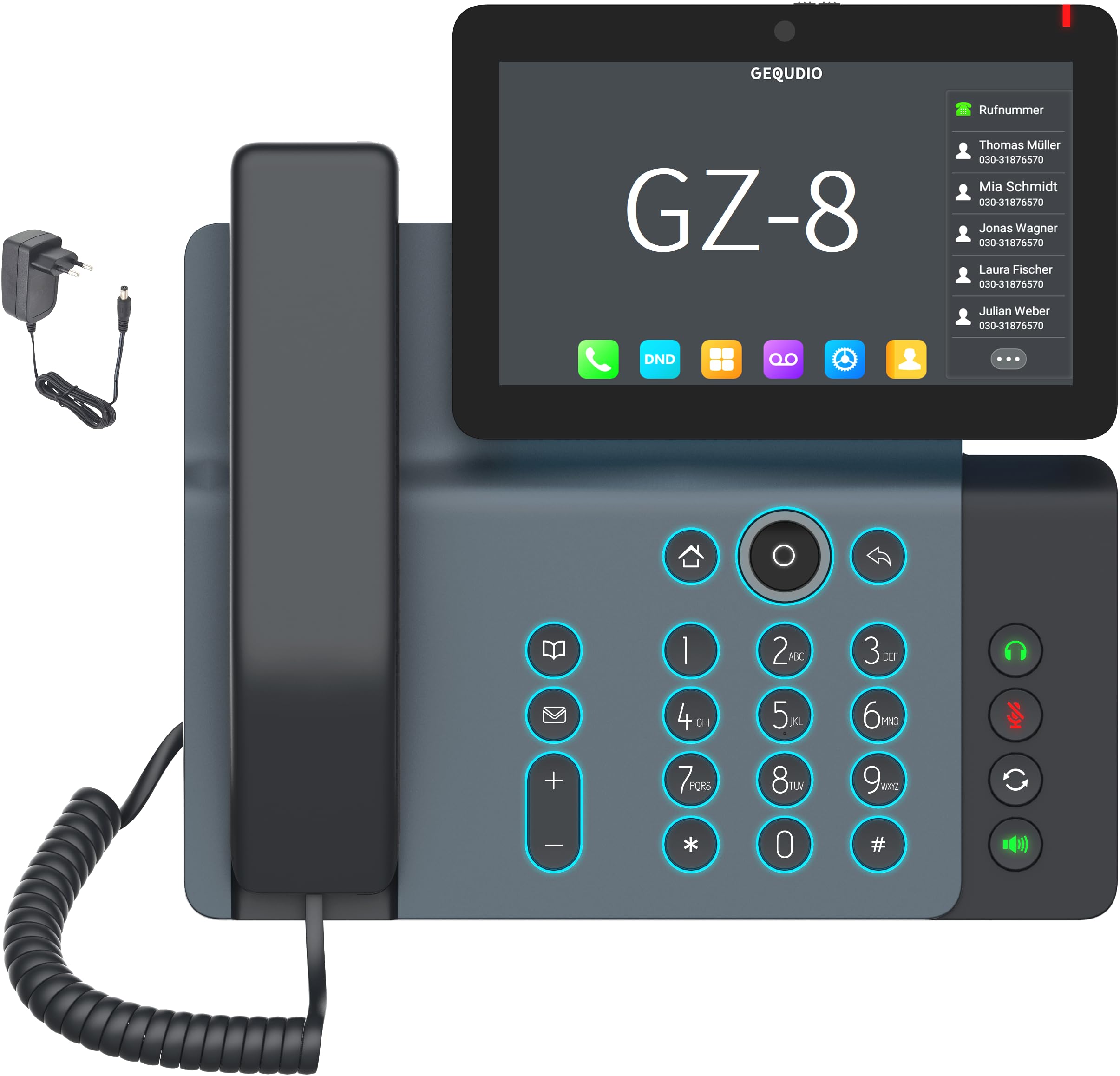 GEQUDIO High-End IP Telefon GZ-8 mit Netzteil - Fritzbox, Telekom kompatibel - Beleuchtete Tastatur & Touchdisplay - Anleitung für Fritz!Box Telefonanlage, Sipgate, Telekom, Speedport - WLAN Bluetooth