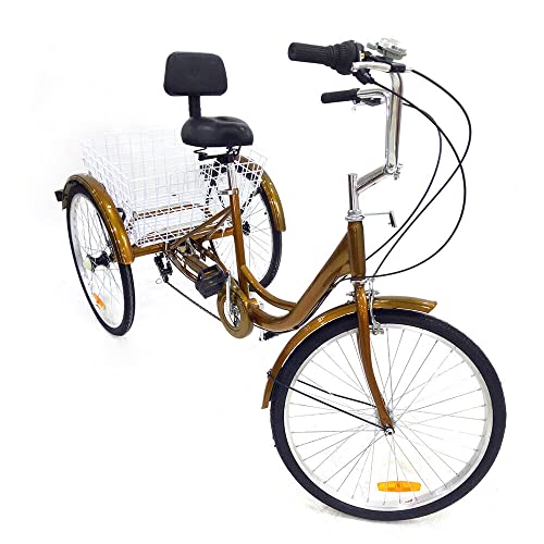 NeNchengLi 24"Dreirad für Erwachsene, 3 Räder, 6-Gang-Trike-Fahrrad mit Rückenlehne und Einkaufskorb